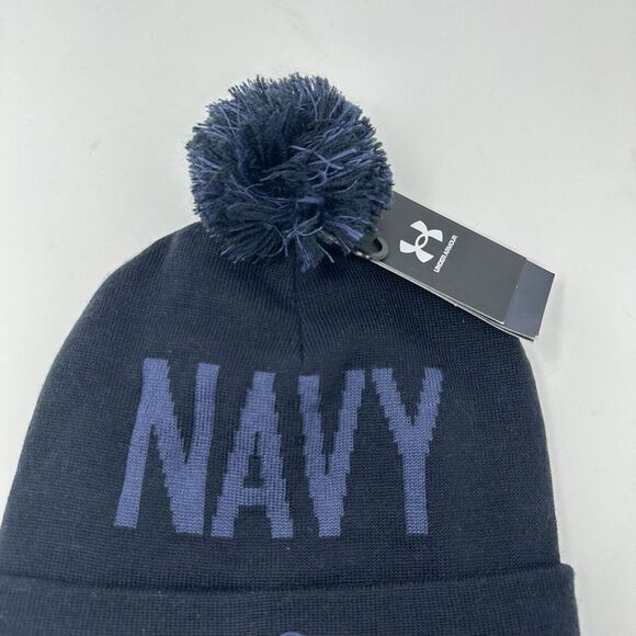 NEW Under Armour Naval Academy Midshipmen Navy Cuffed Pom Hat Winter Cap Beanie - Picture 3 of 8